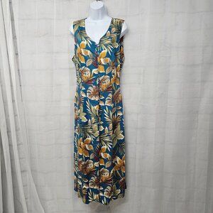 Vintage Expressions Dress Maxi Floral Tropical Beach Sleeveless Blue Tan X